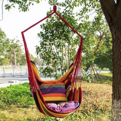 Chaise Hamac Suspendue en Toile Rayée, Confortable et Portable pour Jardin, Intérieur ou Extérieur (1/5)