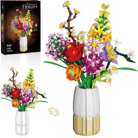 Ensemble de construction de bouquet en vase 2 en 1, bouquet de fleurs artificielles pour adultes et enfants Bouquet Plant, 1458 pièces