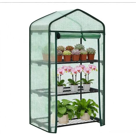 Invernadero exterior mini de PE y metal con 3 estantes, puerta enrollable, 69 x 49 x 125 cm (1/5)