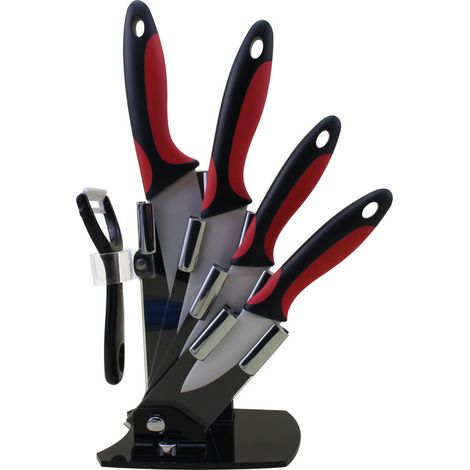 Ensemble de 6 couteaux en céramique - 4 couteaux en céramique et 1 éplucheur - Couteau utilitaire - Couteau de cuisine avec support (1/5)