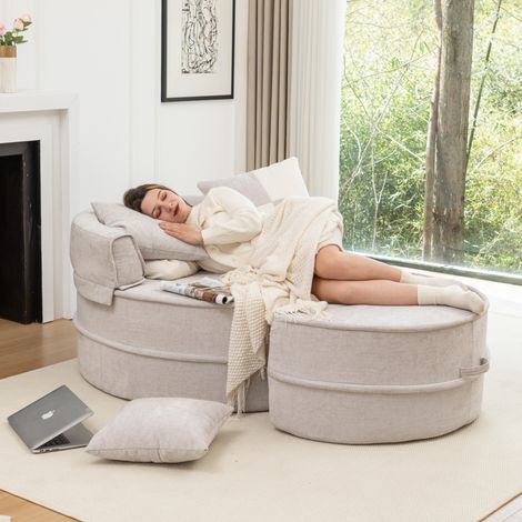 Loungesessel mit Hocker rund Chenille Grau 121 cm OKMYHOME (1/5)