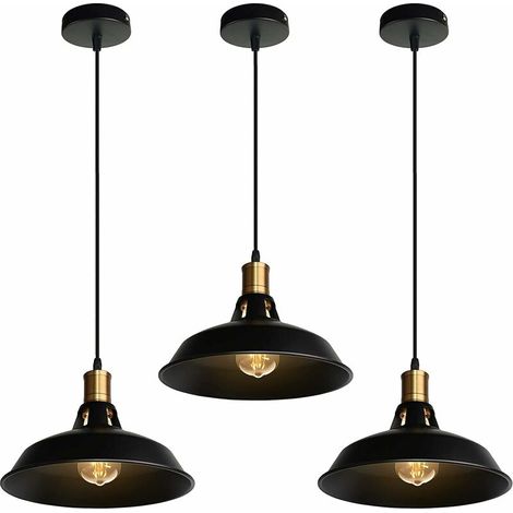 Suspension Lustre Industrielle Vintage Luminaire Plafonnier E27 Salon Abat-jour Plafond en Métal Rétro Style Nordique Design Câble Réglable (Noir, 3pcs) (1/4)