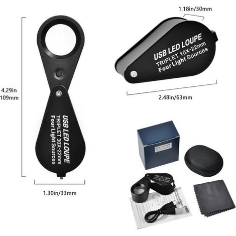 Loupe Bijoutier - Lentille Verre Optique 22 Mm - Grossissement 30x - 4 Modes Éclairage Led Et Uv - Rechargeable Par Usb - Aluminium - Portable Pliable (1/5)