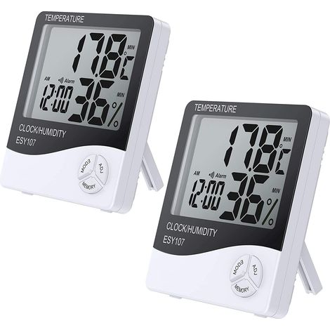 Lot de 2 hygromètres numériques d'intérieur avec écran LCD, affichage de la température et de l'humidité, format 12/24 heures et alarme. (1/5)
