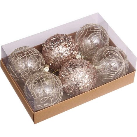 Cet ensemble de 6 boules de Noël transparentes, de 8 cm de diamètre et de couleur champagne, est la décoration parfaite pour les mariages et Noël. (1/4)