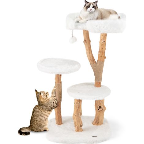Albero per gatti in legno alto 110cm con piattaforma pali in corda di juta, Torre per gatti in peluche lunga Bianco (1/4)