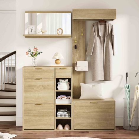 Ensemble vestiaire d'entrée 130x30x174 cm 4 pièces avec meuble à chaussures, banc, miroir mural, panneau avec tringle et crochets - Bois naturel (1/5)