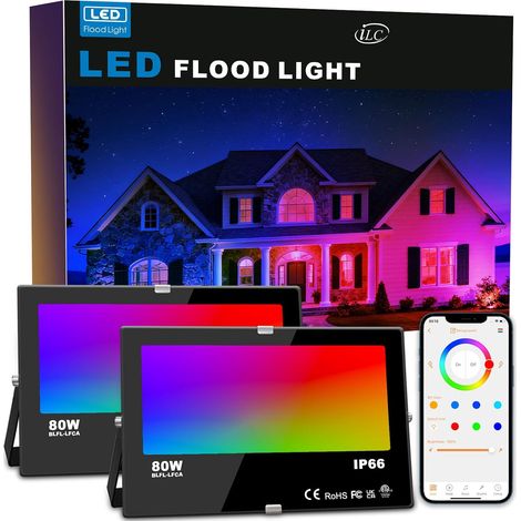 Projecteur LED extérieurs 80W, changement de couleur RGBW équivalent 800W, 16 million couleurs, Minuteur, Regroupement, 8000 lumens, blanc chaud 2700K, IP66 étanche (Paquet de 2) (1/5)