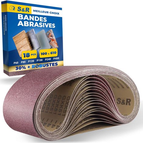 Bande Abrasive 100 x 610 mm. Jeu de 18 Bandes Abrasives x Métal et Bois 3 grains P60, P80, P120, P150, P240, P400 Papier Ponceuse à Bande Bosch Makita Einhell Parkside (1/5)