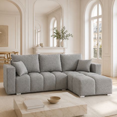 COLINIO - Canapé d’angle convertible tissu bouclette - 4 places - 249 cm - Gris (1/5)