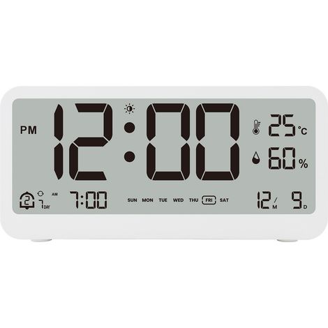 8001-EN Horloge numérique multifonction LED luminosité réglable thermomètre hygromètre réveil double alarme jour date mois 12/24H snooze auto-dim night light (1/5)