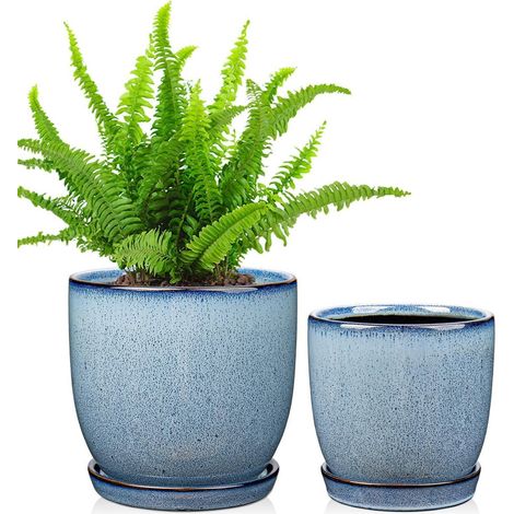 Keramik Übertopf 2er-Set mit Untersetzer, 15/13cm, Blau, für Zimmerpflanzen (1/5)