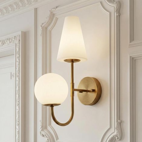 Tribesigns Aplique de pared para interiores, lámpara de pared dorada con pantalla de vidrio esmerilado, aplique vintage para dormitorio, pasillo y salón, bombillas E14x2 incluidas,1 Pcs