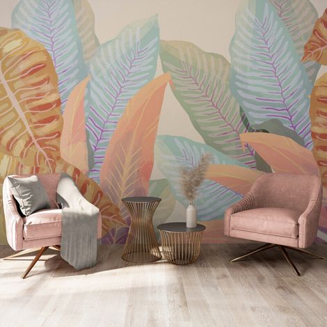 Papier Peint Feuillage - Grandes Feuilles aux Teintes Pastel - 150 x 250 cm (1/2)