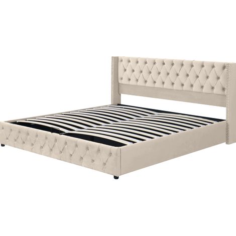 Cama canapé tapizada beige 180 x 200 cm con somier de láminas y elevación hidráulica (1/5)