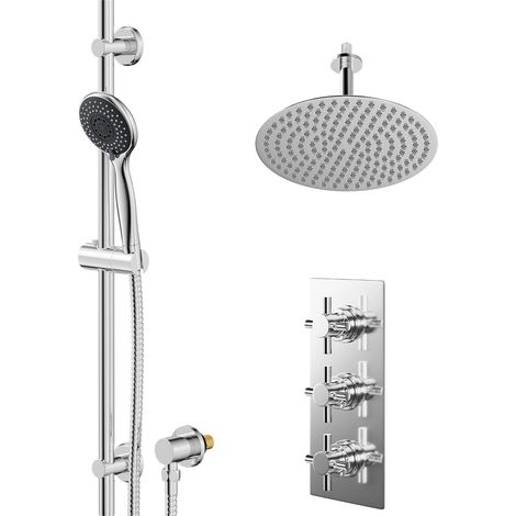 Cross Polished Chrome Concealed Triple Thermostatic Shower Valve and 300mm Thin Round Fixed Head with 150mm Ceiling Arm and Clyde Slide Rail Kit with Round Elbow - 2 Outlet (1/5)