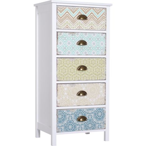 Commode vintage à 5 tiroirs, style shabby chic, pour salle de bain, entrée ou chambre, 46 × 34 × 97,5 cm, blanche