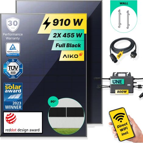 ROBINSUN®️ Kit Solar Enchufable Performance Wall-90 910Wp, 2 paneles Aiko 455Wp + 1 Microinversor 800W con Wifi incluído +Cable 3m + 2 Fijaciones 90º (1/5)