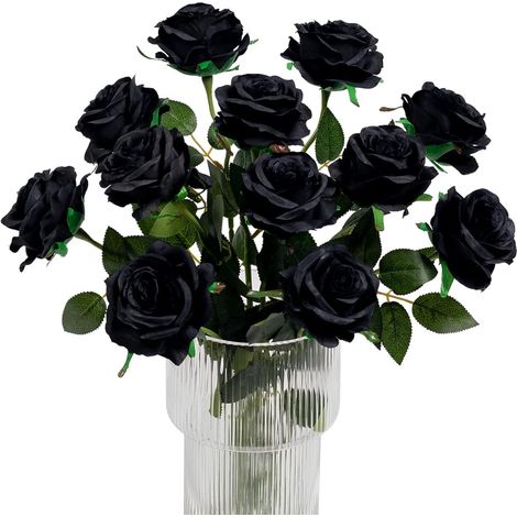 12 roses noires artificielles réalistes à tige unique, bouquet de roses en soie pour décoration de mariage et de fête (noir)-AquaForge (1/4)