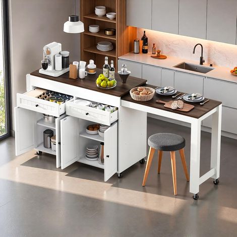 îlot de cuisine extensible sur roulettes 112-180.5x45x92.2 cm,îlot de cuisine mobile avec plan de travail et tiroirs,Table de bar(Blanc+Noyer)