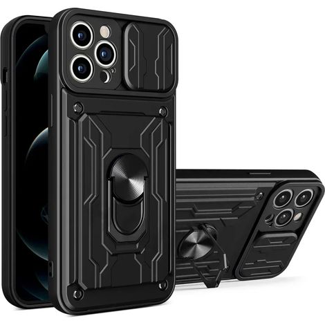 (Noir, iPhone 15) Étui de téléphone à anneau magnétique 360° avec emplacement pour carte SIM et protection coulissante pour la caméra. (1/5)