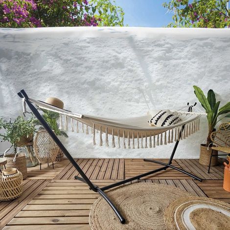 The Home Deco Factory – Hamac franges 1 place 285x90 cm – Coton, viscose, polyester – Charge maximale 1,6 kg – Pour installation extérieure (1/4)