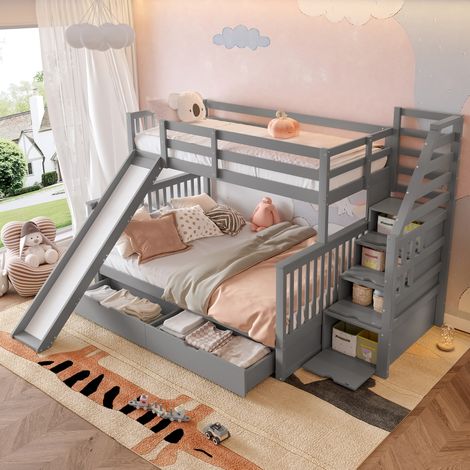Letto a castello bambini 90x200/140x200 in pino grigio con cassetti - MEUBLIV (1/5)