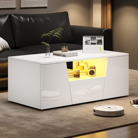 Mesa de centro LED 100x50x40 cm de madera blanca con almacenaje FloraGrace (1/5)
