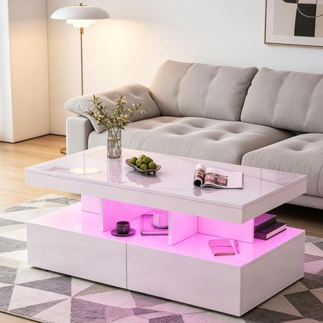 Table basse laquée blanche – Éclairage LED RGB – 2 tiroirs extra-larges – Plateau à plusieurs niveaux – Grand espace de rangement (1/5)