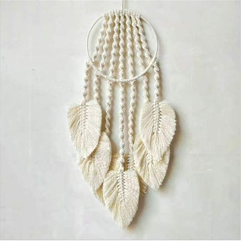 Attrape-rêves en macramé de coton tissé avec glands en plumes - Suspensions murales bohèmes faites à la main - Décoration murale pour la maison (Beige) (1/5)