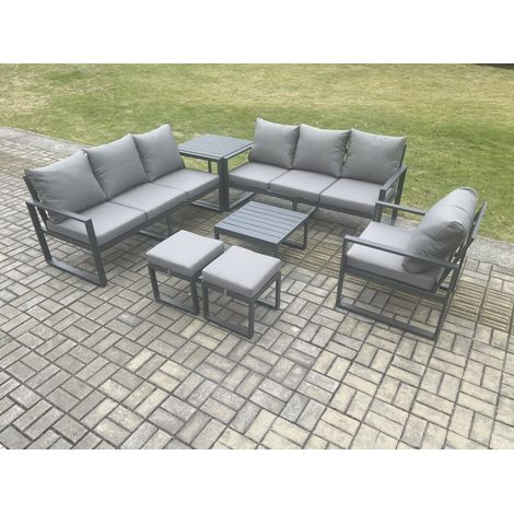 Fimous Aluminium 9 Seater Outdoor Garden Furniture Lounge Sofa Set with Square Coffee Table Chair 2 Small Footstools Side Table Dark Grey (1/5)