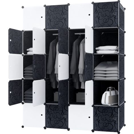 Kleiderschrank Schwarz Weiß DIY Regalsystem aus Kunststoff Garderobenschrank Steckregal Steckregalsystem (20 Würfeln, mit 2 Kleiderstange) NAIZY (1/4)