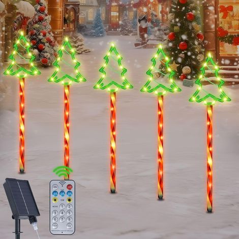 Sapin de Noël Lampe Solaire Exterieure, 5 in 1 8 Modes Arbre de Noël Guirlande Lumineuse avec Télécommande, USB Charge IP65 Lumière Solaire Jardin LED Étanche, Décor Pour Terrasse Chemin Cour (1/5)
