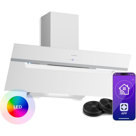 Klarstein BigBite Hotte Aspirante 90 cm - Hotte Décorative Inclinée, 417 m³/h, A+++, LED, 3 Vitesses & Boost, Filtre Charbon, Tactile, Recyclage ou Évacuation, Blanc