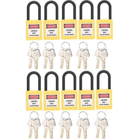 Sicherheitsschloss, 38 mm Nylon-Vorhängeschloss für Industrieanlagen, Sicherheitsschloss-Set mit 2 Schlüsseln pro Schloss, 10 Sets (Gelb) (1/5)