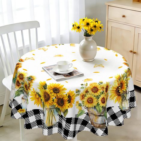 Nappe ronde 140 cm résistante aux intempéries, lavable – Motif tournesol – Nappe d'extérieur pour jardin, cuisine, salle à manger, balcon, pour 4 à 6 personnes, imperméable et durable (1/5)