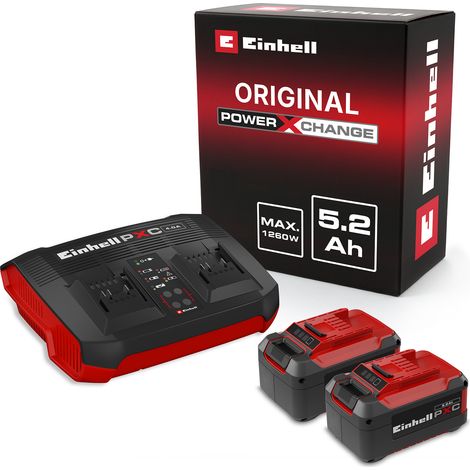 Original Einhell Starter Kit Akku und Ladegerät Power X-Change (Lithium Ionen, 18 V, 2x5,2 Ah Akku und Twincharger, passend für alle Power X-Change Geräte)