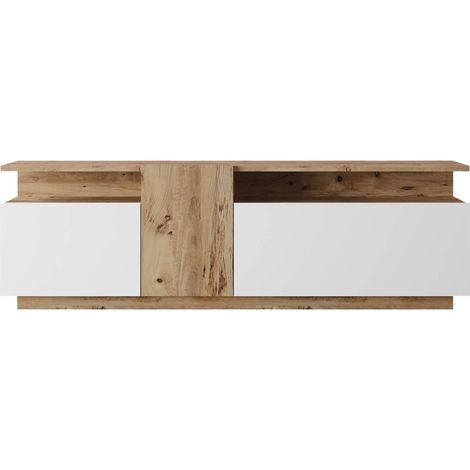 Mobili Rebecca – Meuble TV moderne 150x29,5cm – Panneau de particules chêne clair et blanc – 3 portes rabattables pour rangement multimédia