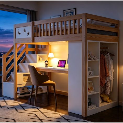 Letto a soppalco 90x200 cm in legno bianco/naturale con scrivania - MEUBLIV (1/5)