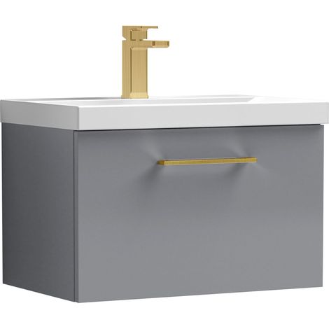 Balterley 600mm Wall Hung Bathroom 1 Drawer Vanity Unit and 1 Tap Hole Ceramic Basin, Satin Grey with Brushed Brass Handle (1/5)