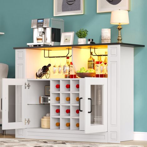 Meuble bar à vin LED 120x35x84 cm, armoire de cuisine avec porte-verres, casiers à vin, MDF blanc (1/5)