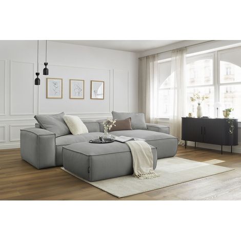 BOBOCHIC - Canapé d'angle réversible ultra moelleux BOHEME velours côtelé avec pouf Réversible Gris clair (1/5)
