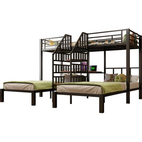 Lit superposé 90 x 200 cm 3 couchages avec LED, bureau, étagère, USB et prise, escalier de rangement et noir, pour chambre enfant - CHICFURN (1/5)
