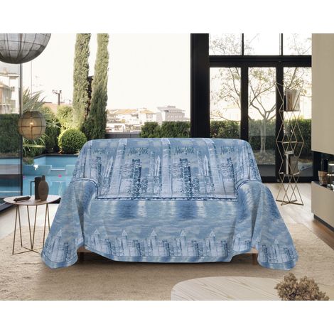 Telo Arredo Made in Italy in Cotone Grandfoulard Copritutto Copridivano Copriletto-Teli Sofà Arredatutto-Drappeggio-Arazzo-Copridivano Grand Foulard Letto Matrimoniale - NewYork Blu (1/4)