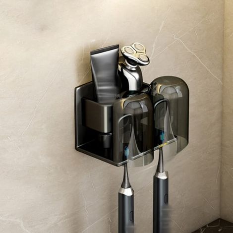 Soporte de pared para cepillo y pasta de dientes con 2 vasos, color gris, para baño, metal resistente, instalación sin taladro, 14 × 7,5 × 8 cm (1/5)