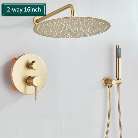 Colonne de douche dorée brossée – système de douche effet pluie – robinet encastré – système de douche chaud et froid pour centre commercial ( 2 voies 16 pouces )