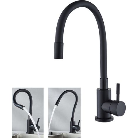 Robinet Cuisine Noir, Robinet de Cuisine Flexible Pivotant à 360°, Mitigeur Cuisine Robinet d'Évier avec Bec Flexible, Monocommande à Eau Chaude et Froide