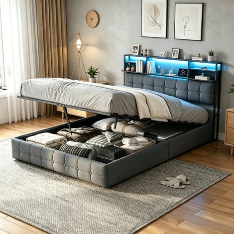 JOOKGBD–Doppelbett gepolstert 140x200 cm, Bett mit Stauraum, LED, USB-Anschluss, Kopfteil mit Stauraum, Jugendbett, weicher Stoff, grau