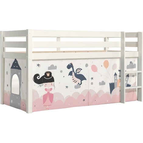 SLEEPY - Lit Mi-Haut en Pin Laqué Blanc 90x200cm Housse Princesse