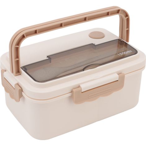 Boîte à lunch de 1500 ml en plastique résistant à la chaleur, de type bento, avec baguettes et cuillère, idéale pour les étudiants (beige). (1/5)